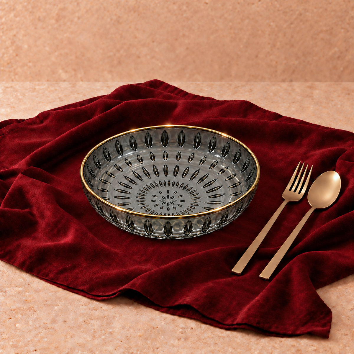 Make a bold statement with the Tofu Tikka 12cm Snack Plates. Featuring a moody charcoal tint, radial sunburst fluting, and a polished gold-gilded rim, this deep dish channels high-end lounge luxury, making it an unforgettable gift for modern hosts.