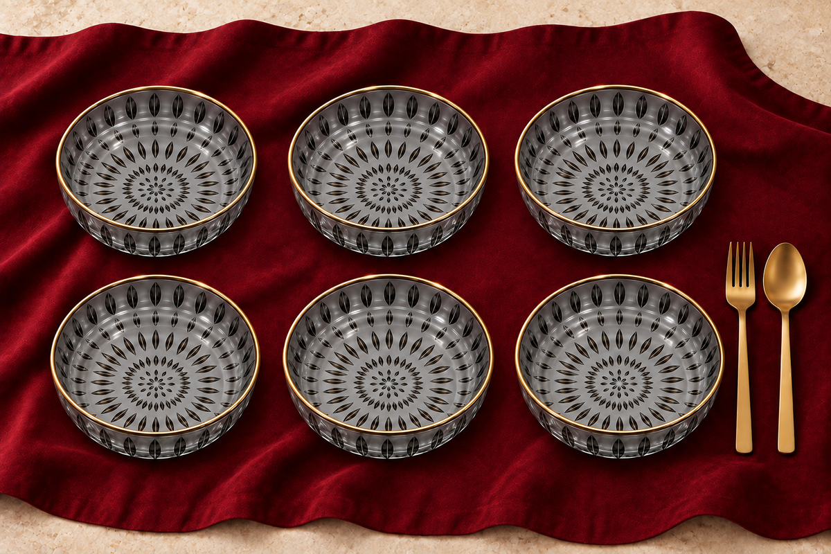 Make a bold statement with the Tofu Tikka 12cm Snack Plates. Featuring a moody charcoal tint, radial sunburst fluting, and a polished gold-gilded rim, this deep dish channels high-end lounge luxury, making it an unforgettable gift for modern hosts.