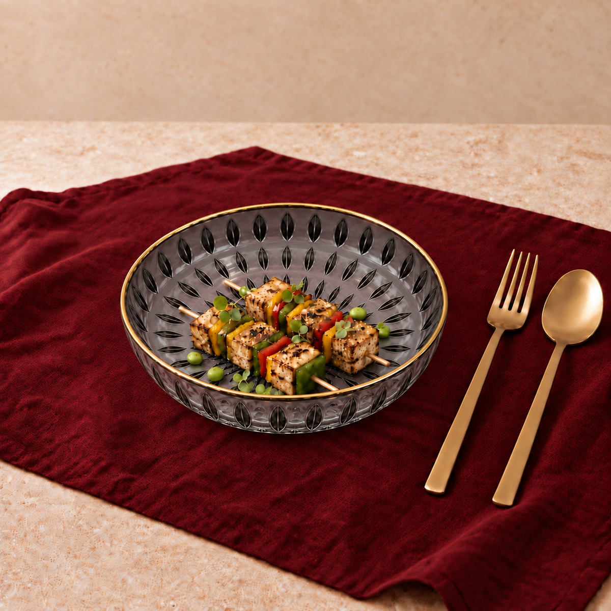 Make a bold statement with the Tofu Tikka 12cm Snack Plates. Featuring a moody charcoal tint, radial sunburst fluting, and a polished gold-gilded rim, this deep dish channels high-end lounge luxury, making it an unforgettable gift for modern hosts.