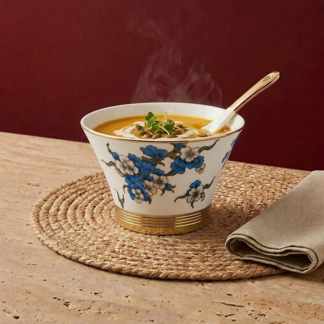 Soup Bowl and Spoon. Sized at a practical 260ml capacity and accompanied by a coordinated porcelain spoon, this set combines heat-retaining performance with effortless table elegance.