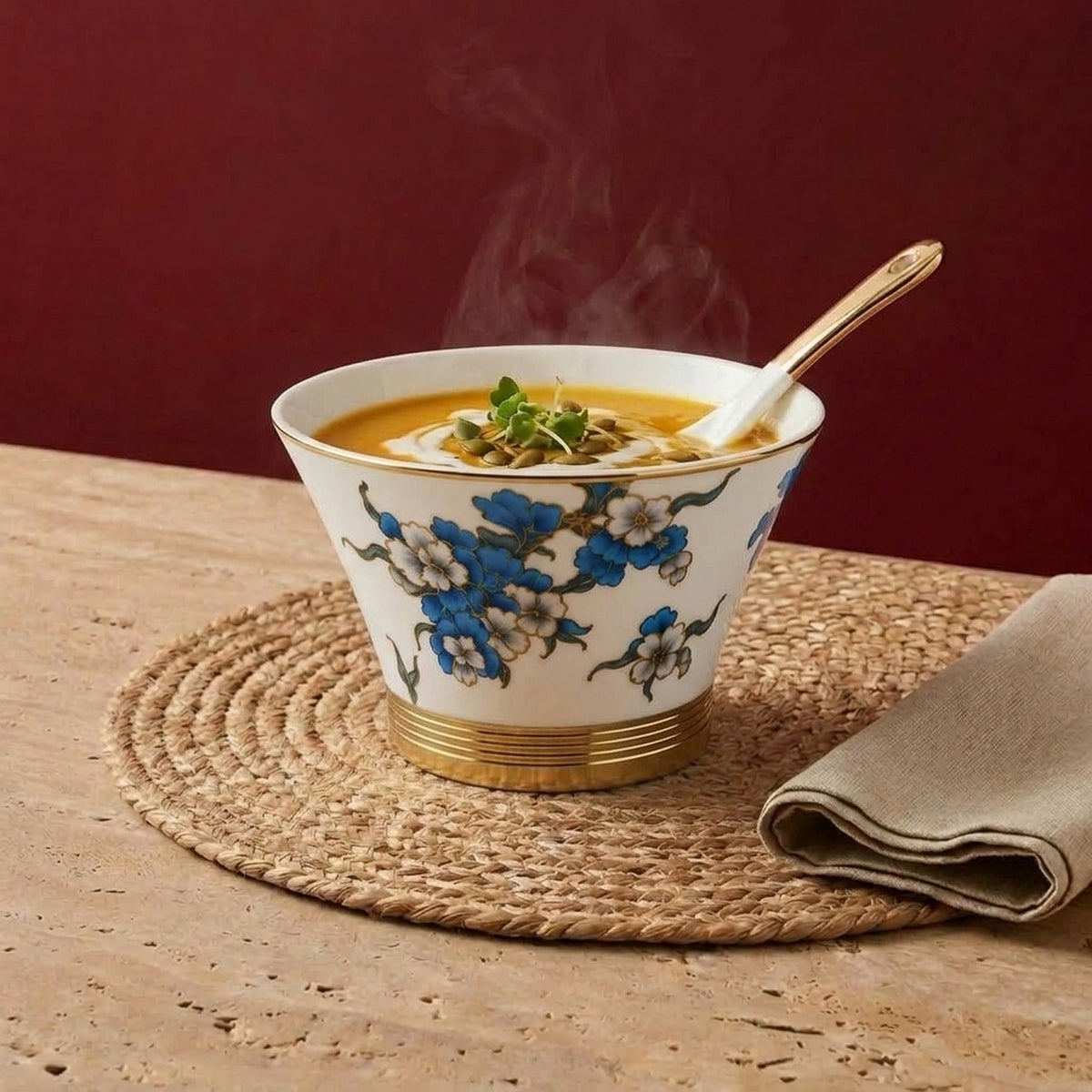 Soup Bowl and Spoon. Sized at a practical 260ml capacity and accompanied by a coordinated porcelain spoon, this set combines heat-retaining performance with effortless table elegance.