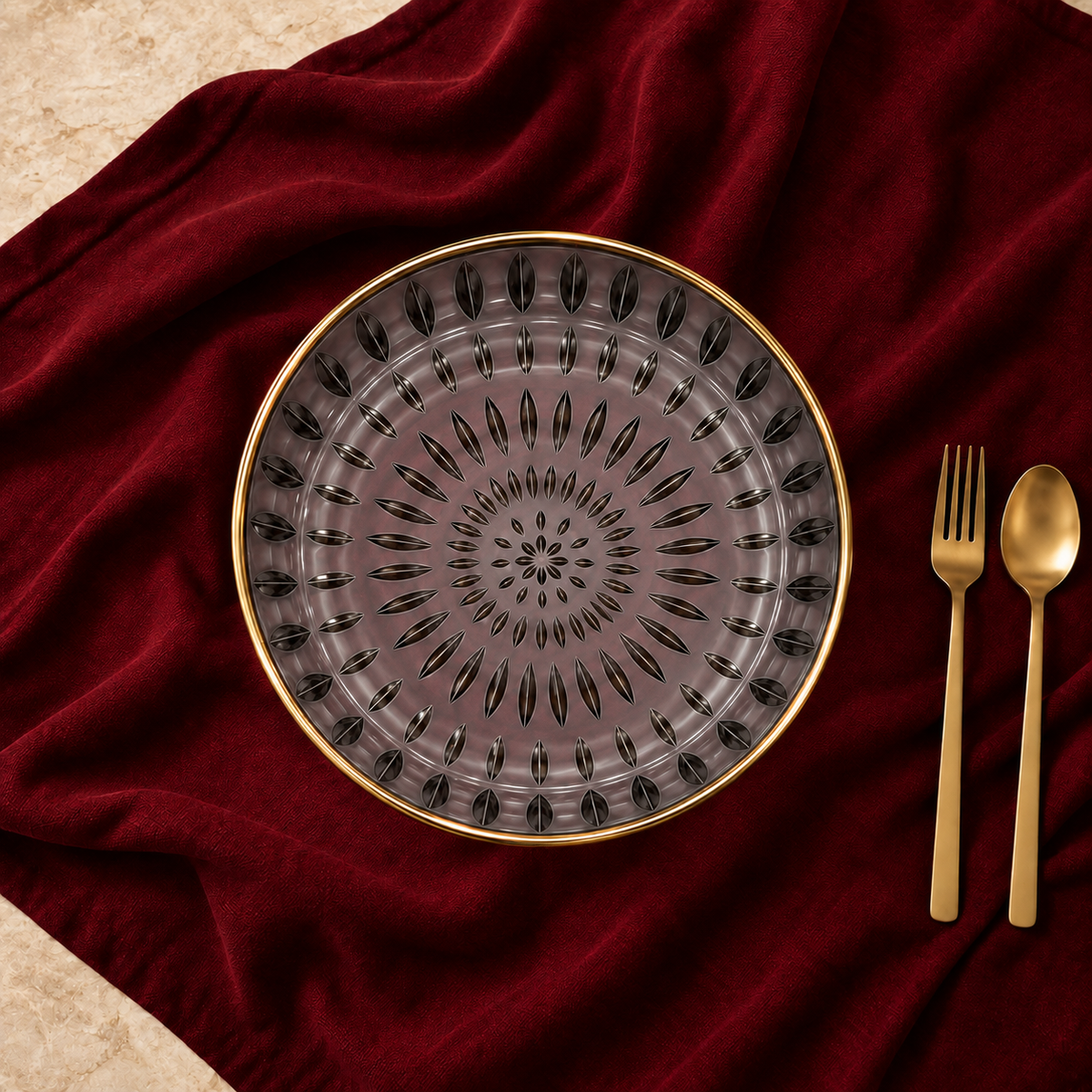 Make a bold statement with the Tofu Tikka 12cm Snack Plates. Featuring a moody charcoal tint, radial sunburst fluting, and a polished gold-gilded rim, this deep dish channels high-end lounge luxury, making it an unforgettable gift for modern hosts.