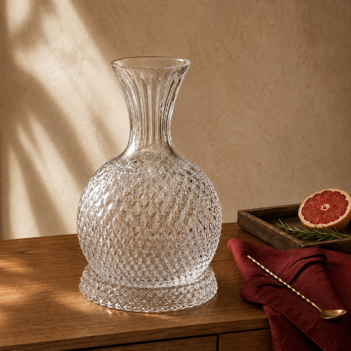 Elevate your home bar with this 360° Spinning Crystal Decanter. Built with a precision-balanced curved bottom and a matching diamond-faceted pedestal base, this decanter glides into a smooth rotation with a light nudge, naturally aerating your favourite spirits while reflecting ambient light through deep crystal facets.