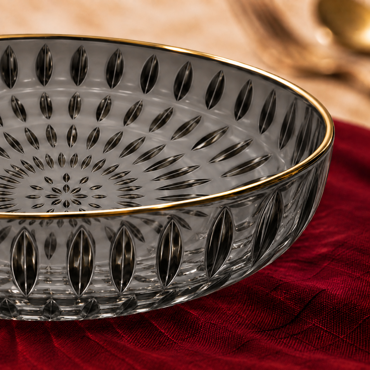 Make a bold statement with the Tofu Tikka 12cm Snack Plates. Featuring a moody charcoal tint, radial sunburst fluting, and a polished gold-gilded rim, this deep dish channels high-end lounge luxury, making it an unforgettable gift for modern hosts.