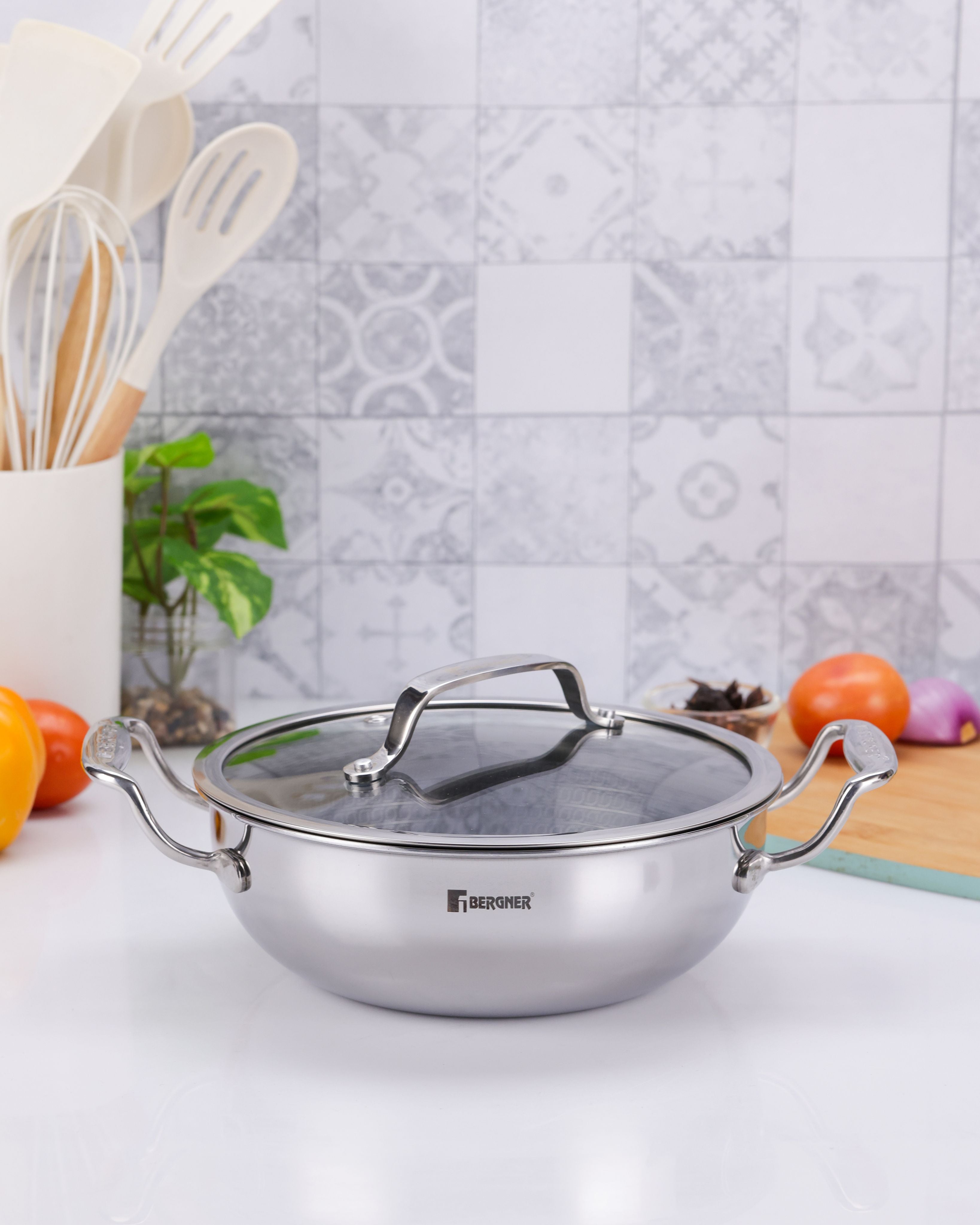 Hitech Tri-Ply Stainless Steel Non-Stick 20cm Kadhai with Glass Lid - 1.5L
