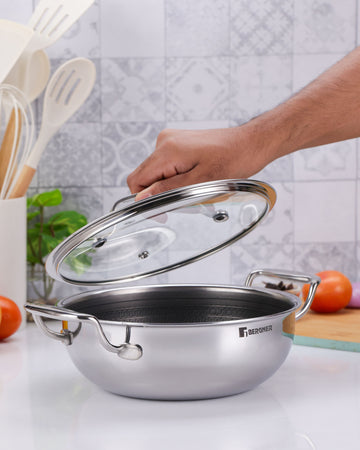 Hitech Tri-Ply Stainless Steel Non-Stick 20cm Kadhai with Glass Lid - 1.5L