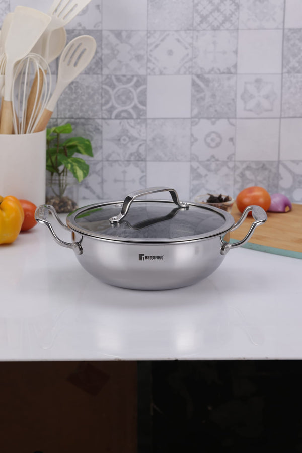 Hitech Tri-Ply Stainless Steel Non-Stick 20cm Kadhai with Glass Lid - 1.5L - 1