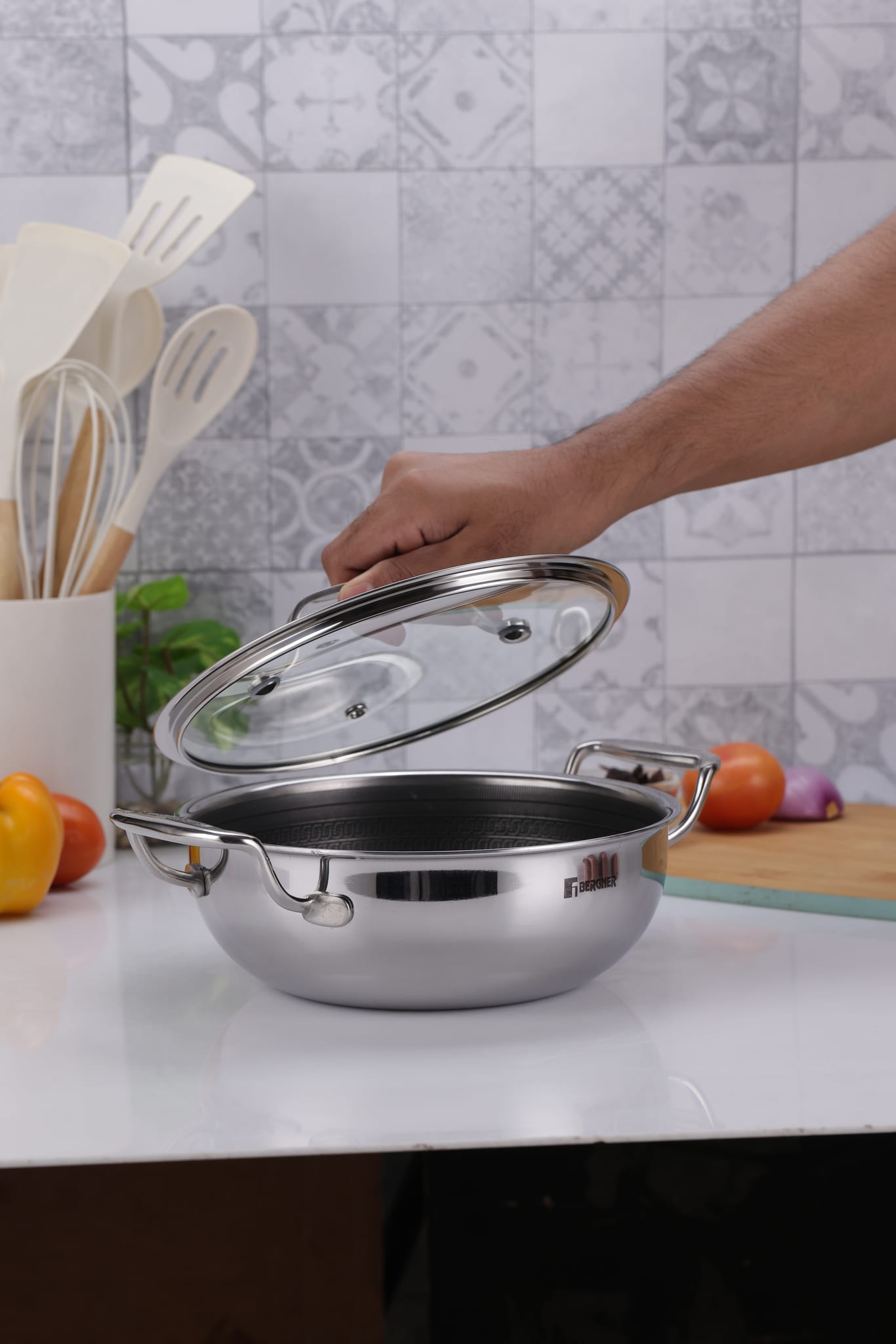 Hitech Tri-Ply Stainless Steel Non-Stick 20cm Kadhai with Glass Lid - 1.5L - 2